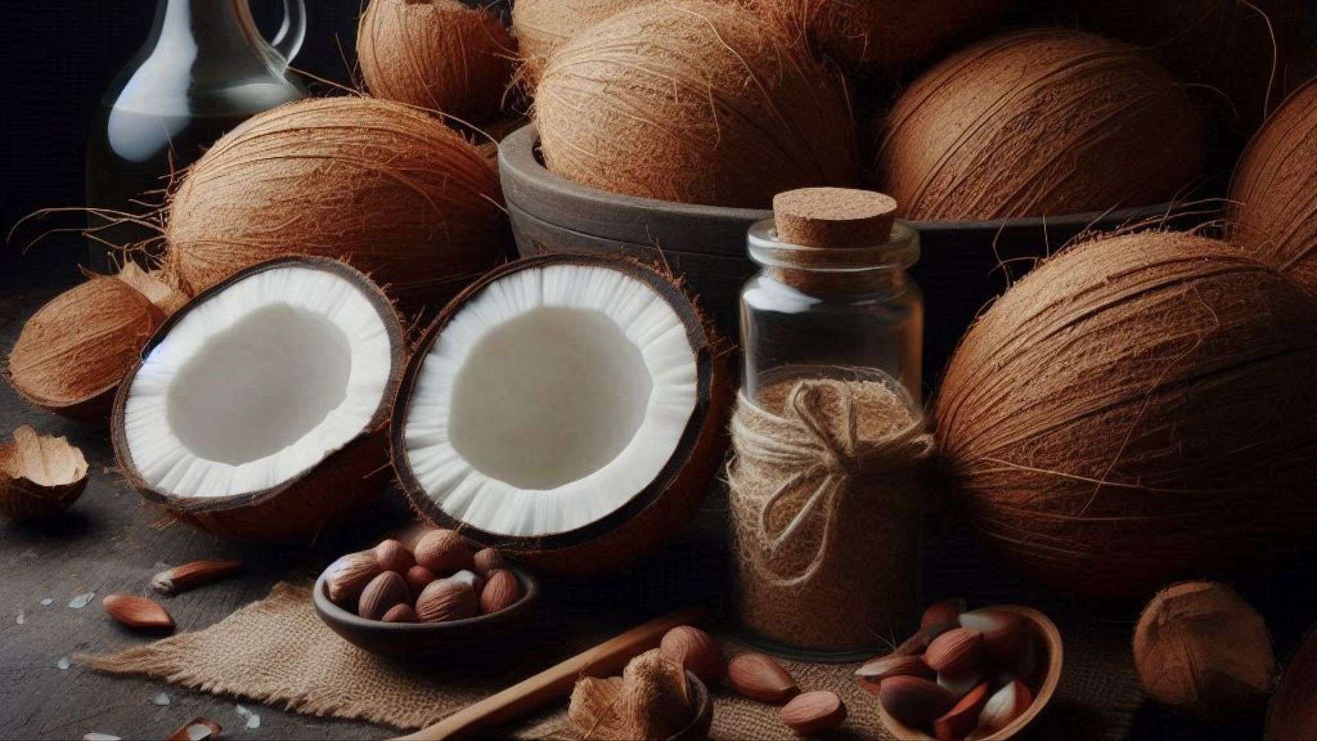 View of the sky through some coconut trees
